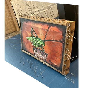 Katydid on a Lid - original artwork - acrylic painting on wood